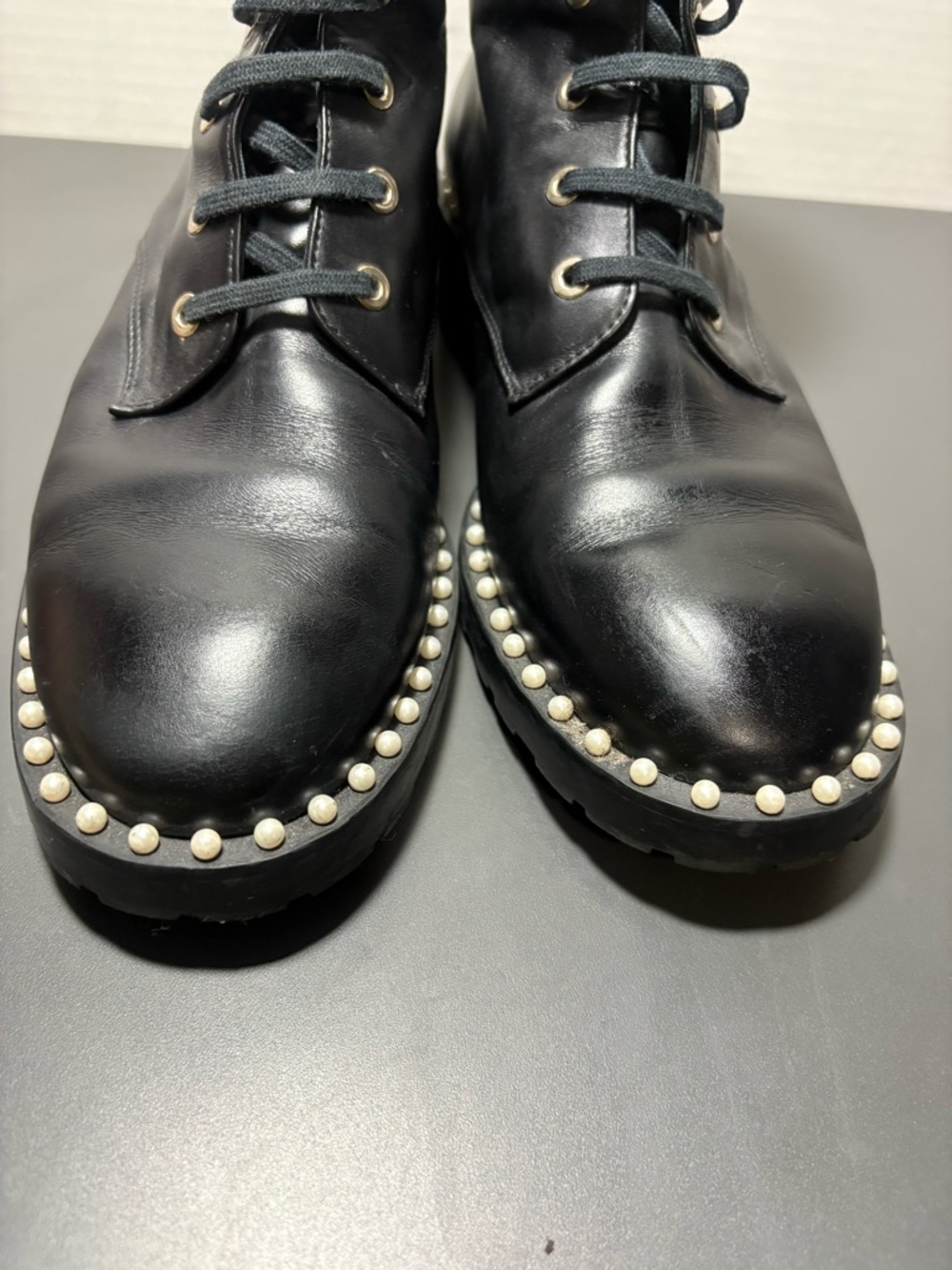 STUART WEITZMAN Sondra Black Leather Pearl-Trim Lace-Up Combat Boot - Picture 3 of 10